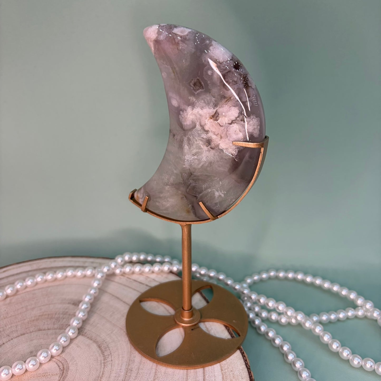 Green Quartz Flower Agate Moon on Stand C