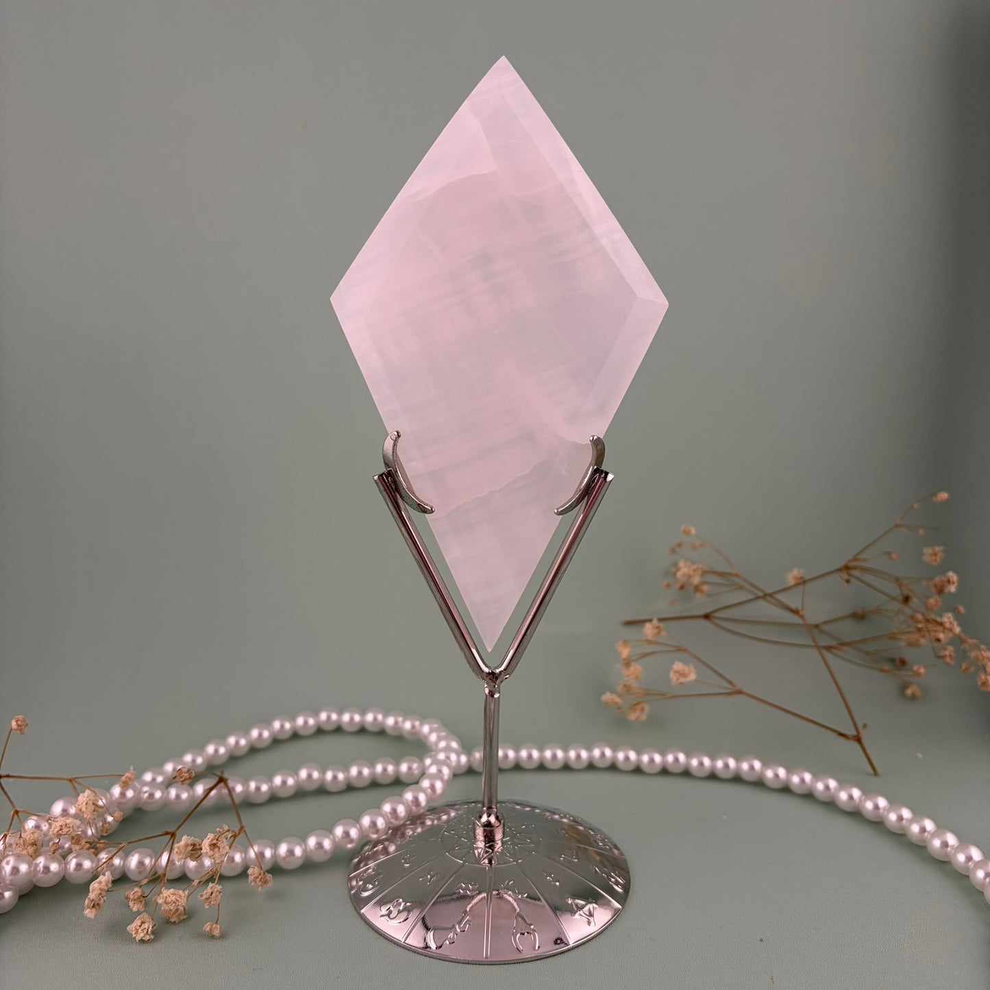 Pink Mangano Calcite Diamond on Silver Stand A