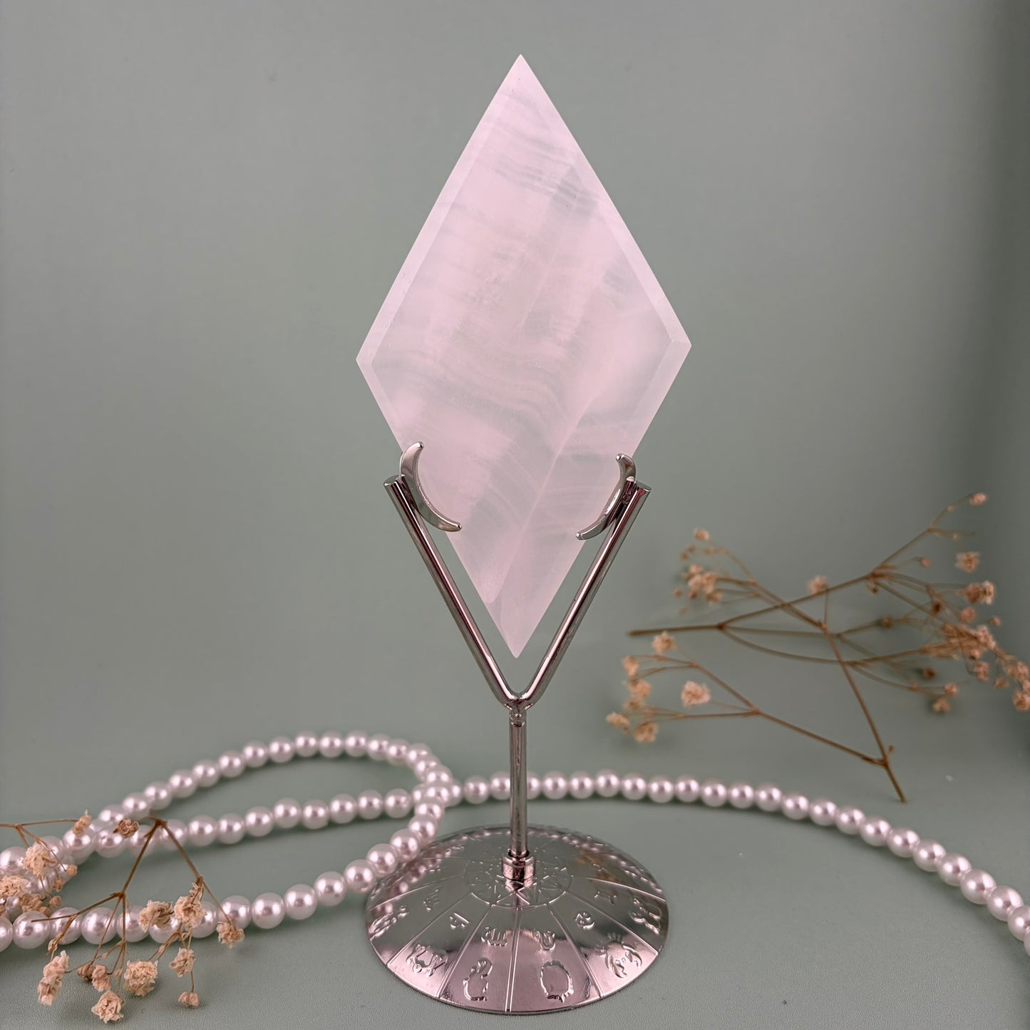 Pink Mangano Calcite Diamond on Silver Stand B