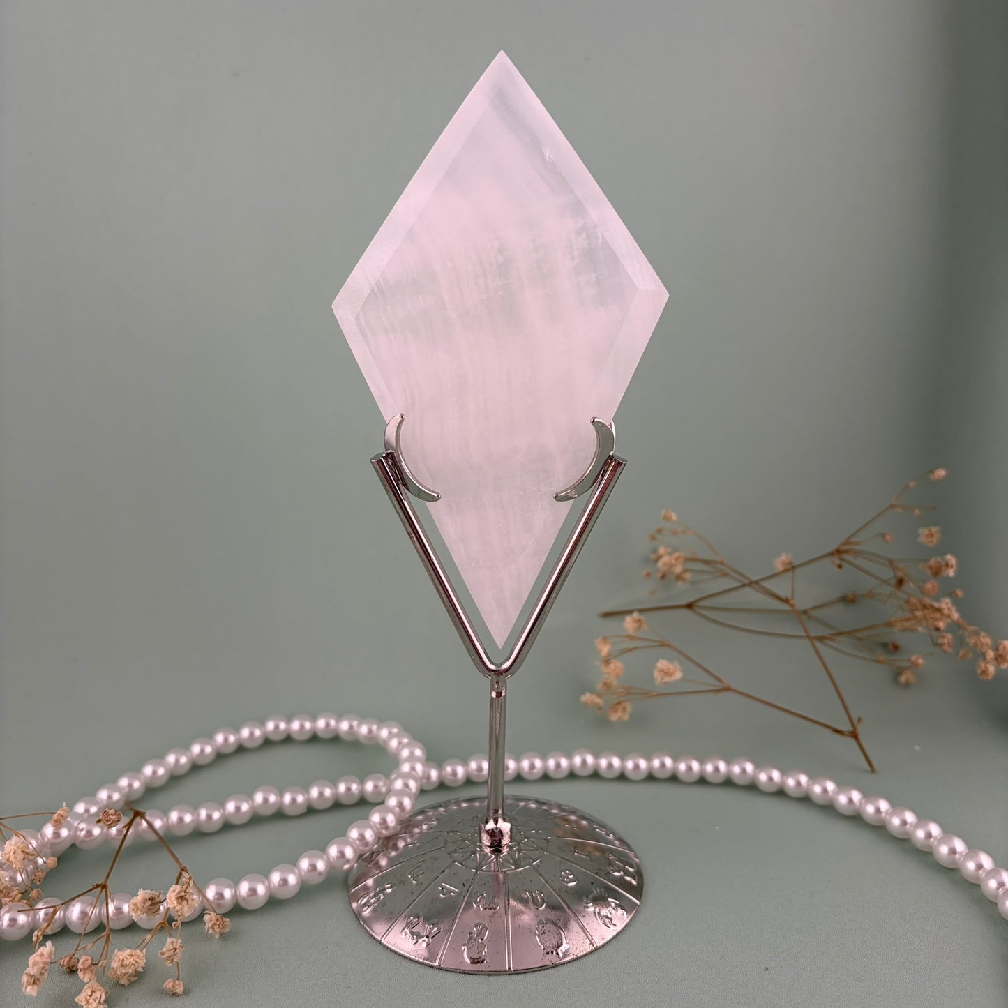 Pink Mangano Calcite Diamond on Silver Stand C