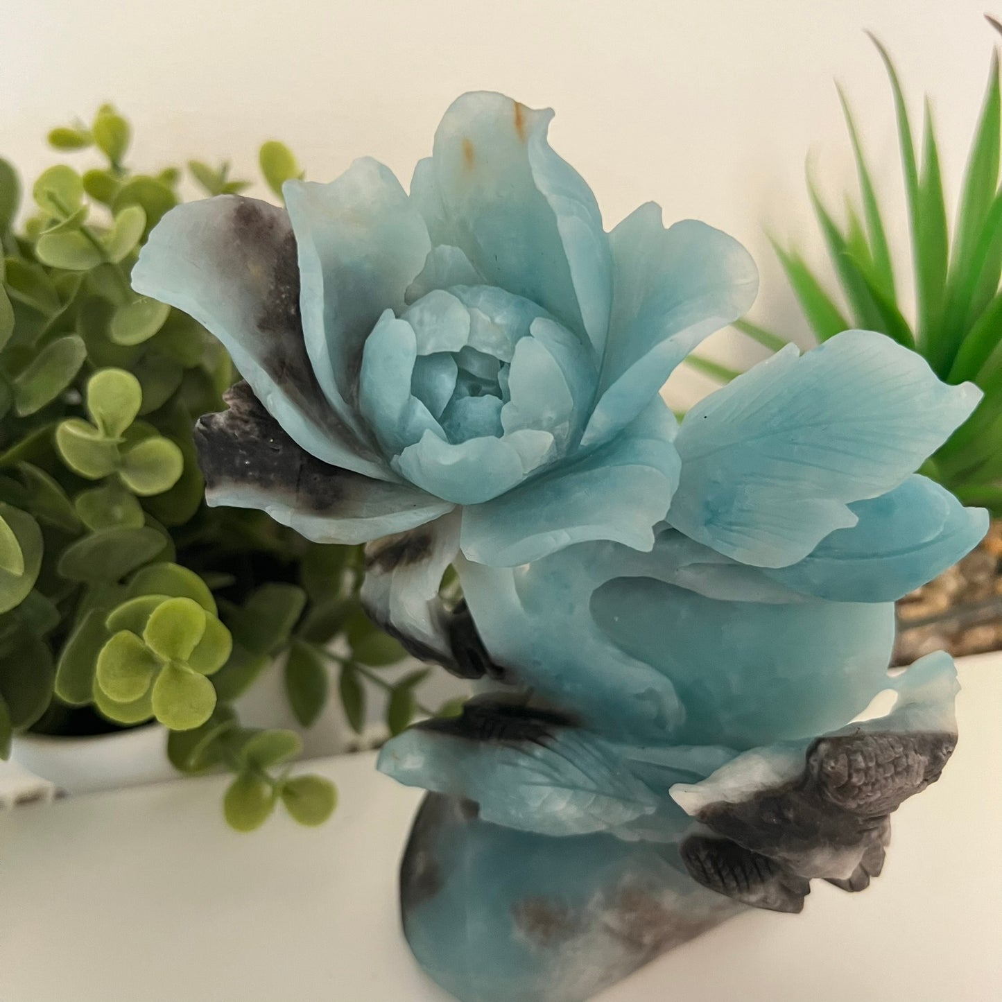 Caribbean Calcite Flower Carving | Large Size Crystal Sculpture | Premium Caribbean Calcite