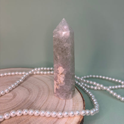 Green Quartz Flower Agate Tower – Piece B from PureZen Minerals, view 1