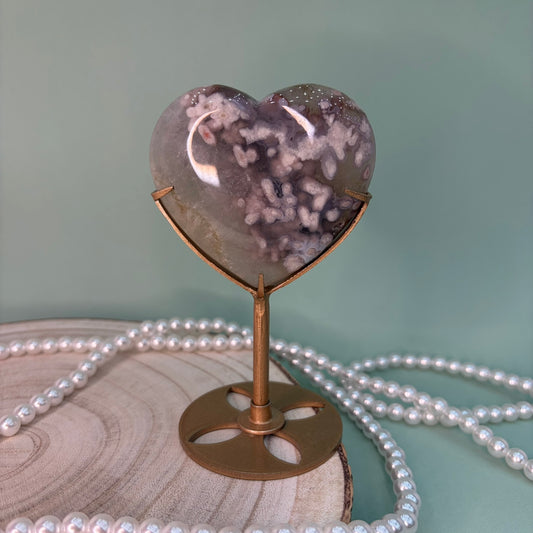 Green Quartz Flower Agate Heart on Stand A