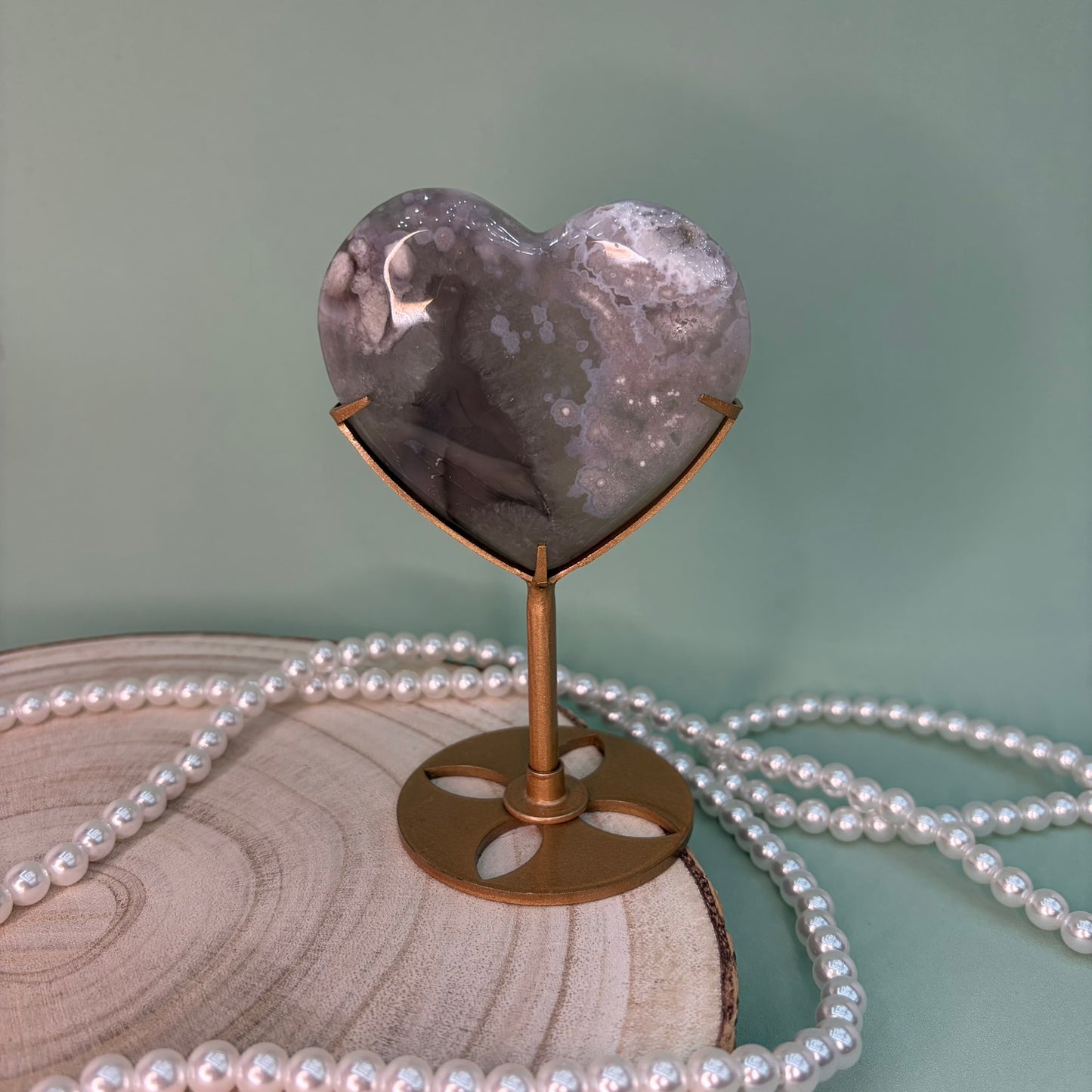 Green Quartz Flower Agate Heart on Stand B