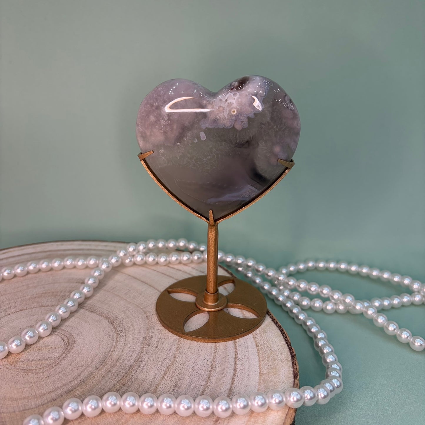 Green Quartz Flower Agate Heart on Stand B