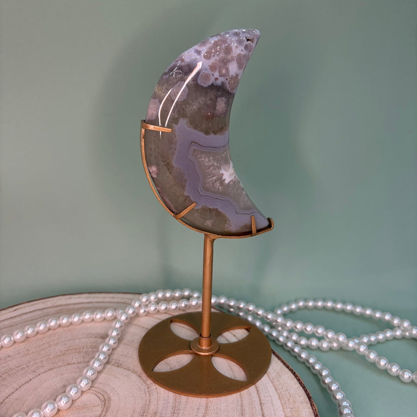 Green Quartz Flower Agate Moon on Stand B