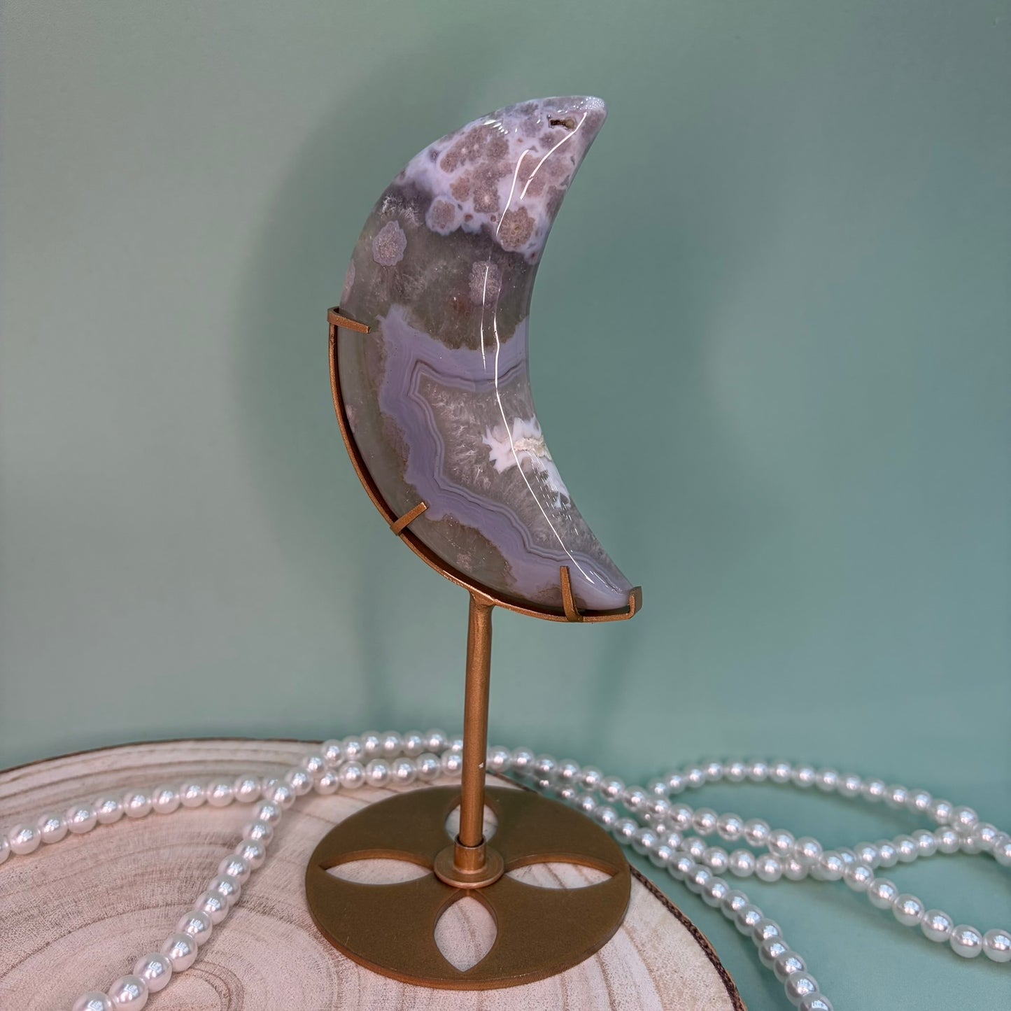 Green Quartz Flower Agate Moon on Stand B