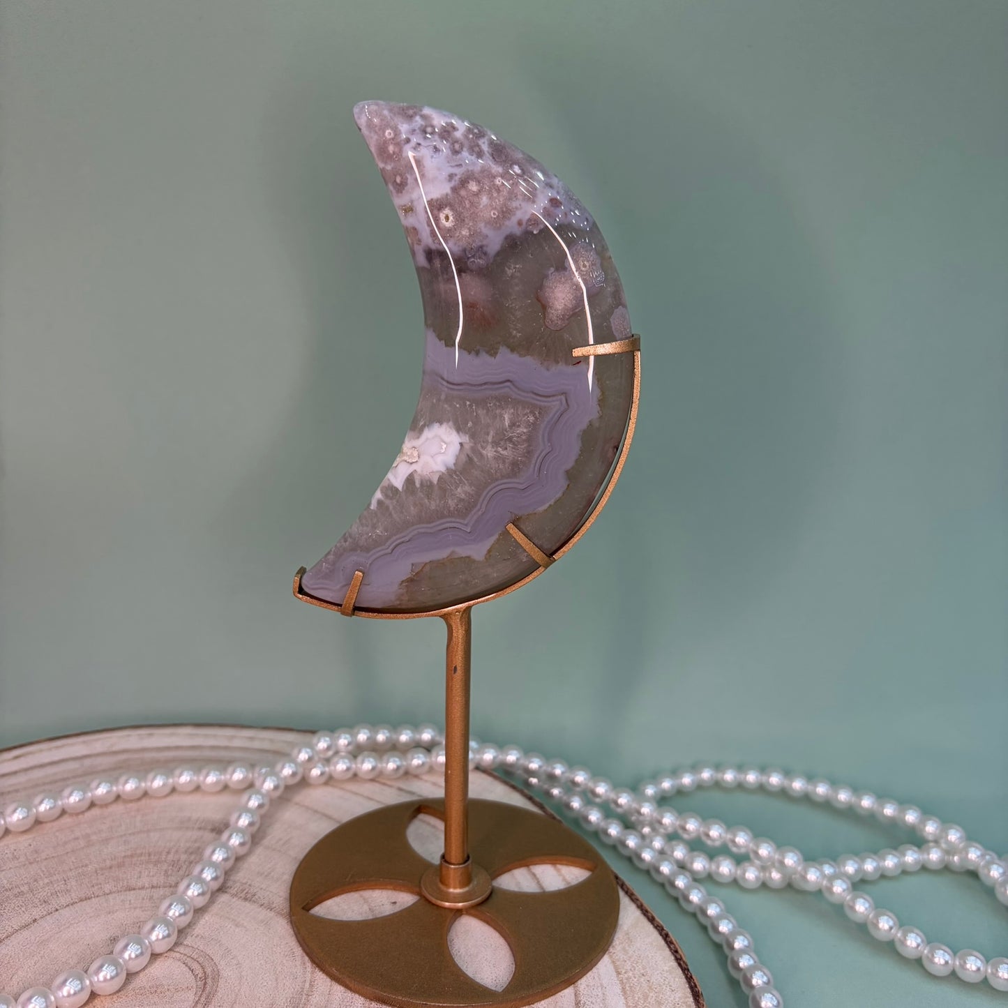 Green Quartz Flower Agate Moon on Stand B
