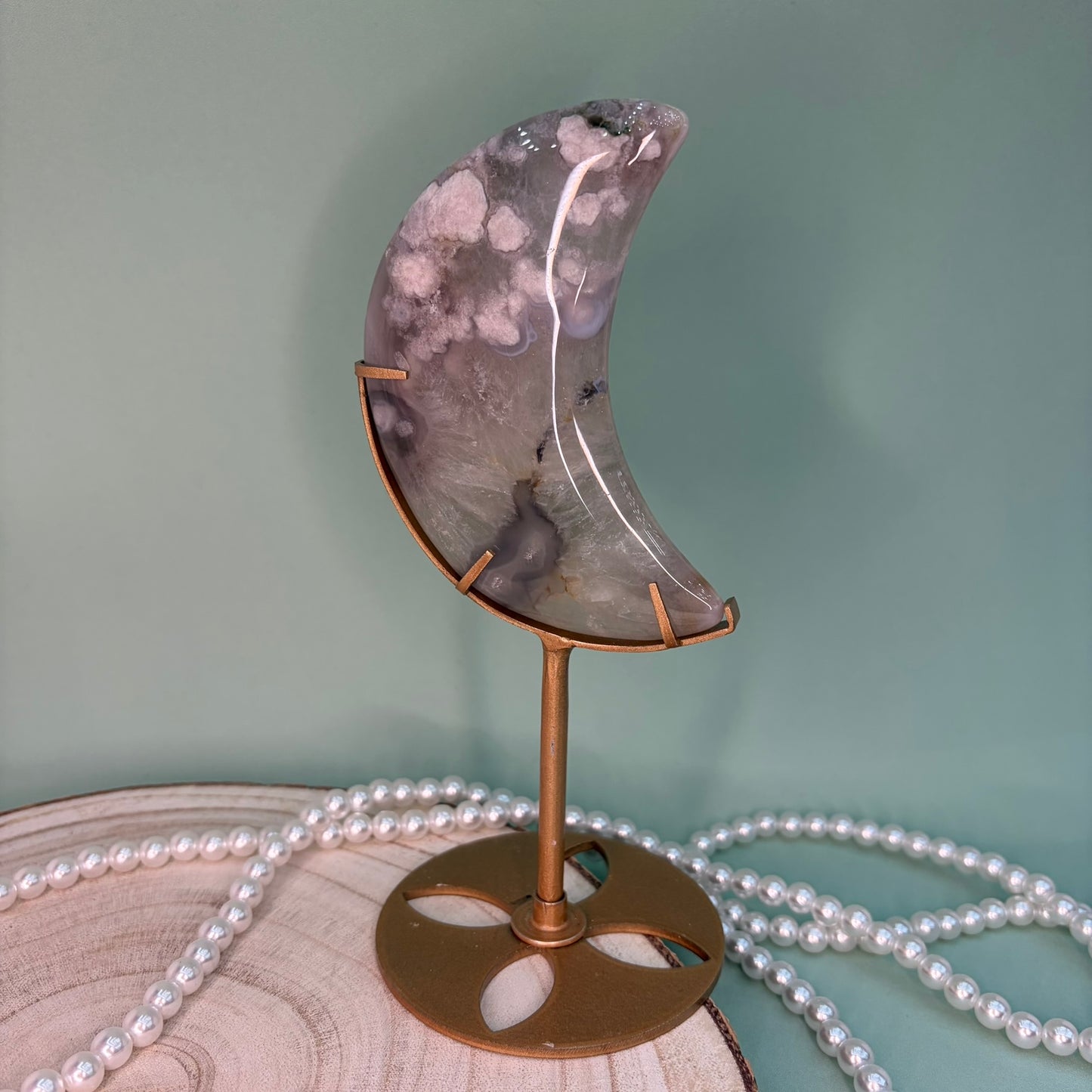 Green Quartz Flower Agate Moon on Stand C
