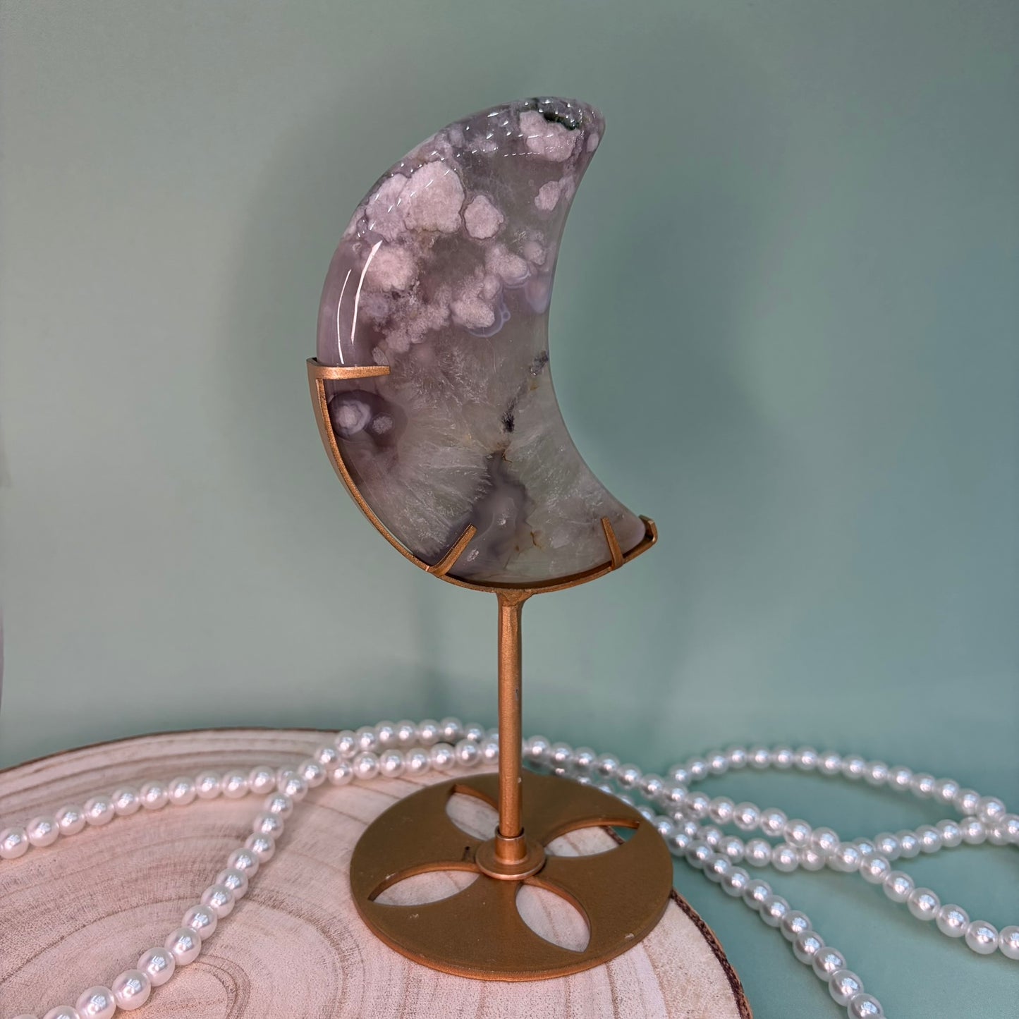 Green Quartz Flower Agate Moon on Stand C