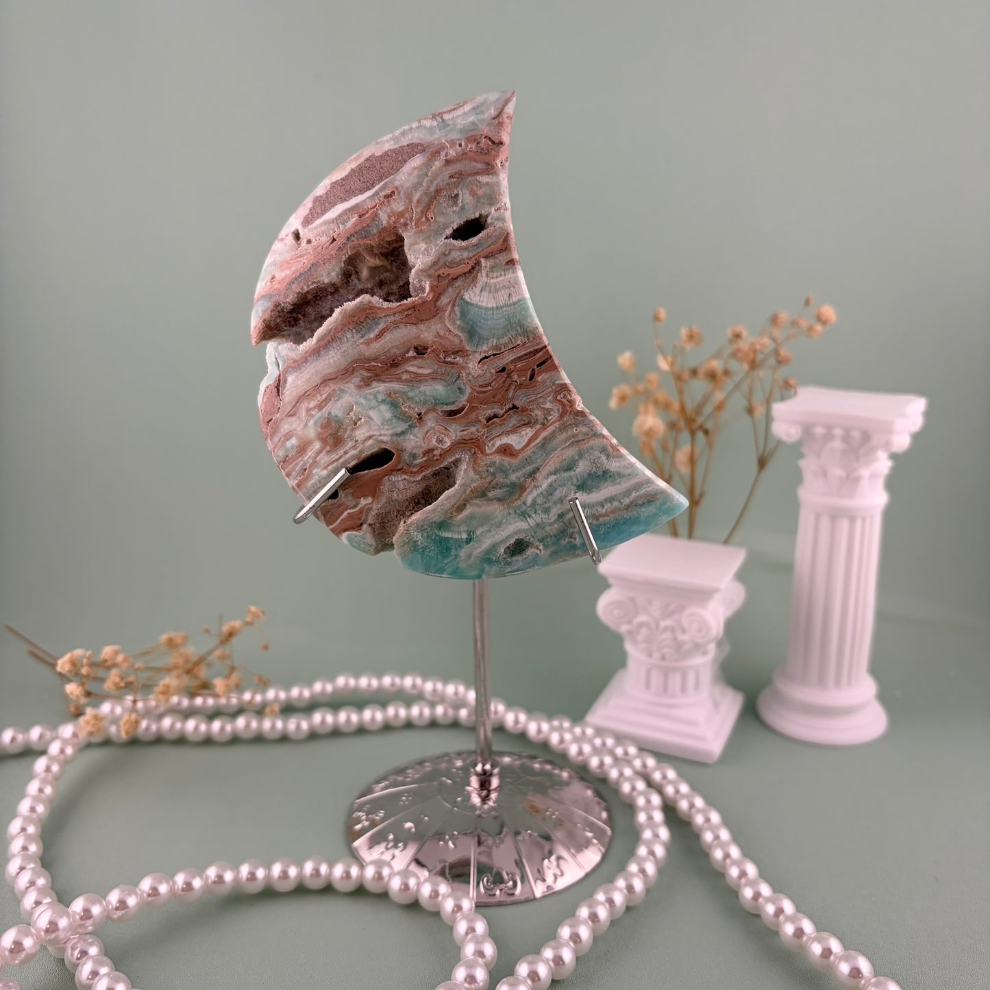 Blue Aragonite Moon with Silver Stand