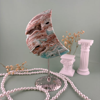 Blue Aragonite Moon with Silver Stand from PureZen Minerals, view 1