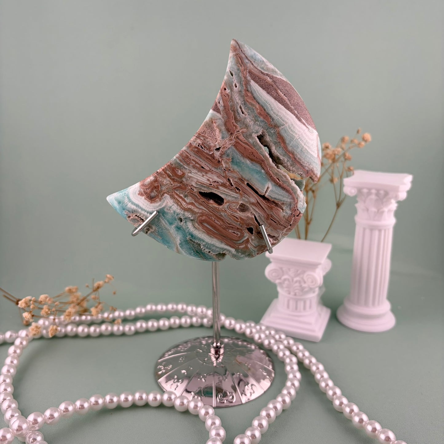 Blue Aragonite Moon with Silver Stand