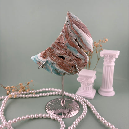 Blue Aragonite Moon with Silver Stand from PureZen Minerals, view 3
