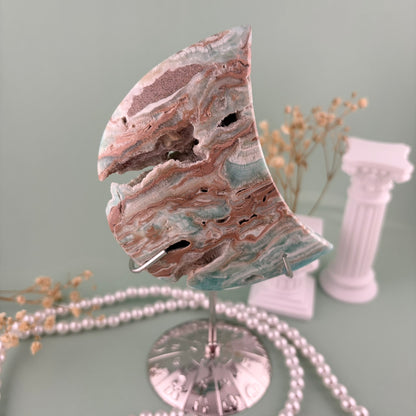 Blue Aragonite Moon with Silver Stand from PureZen Minerals, view 2