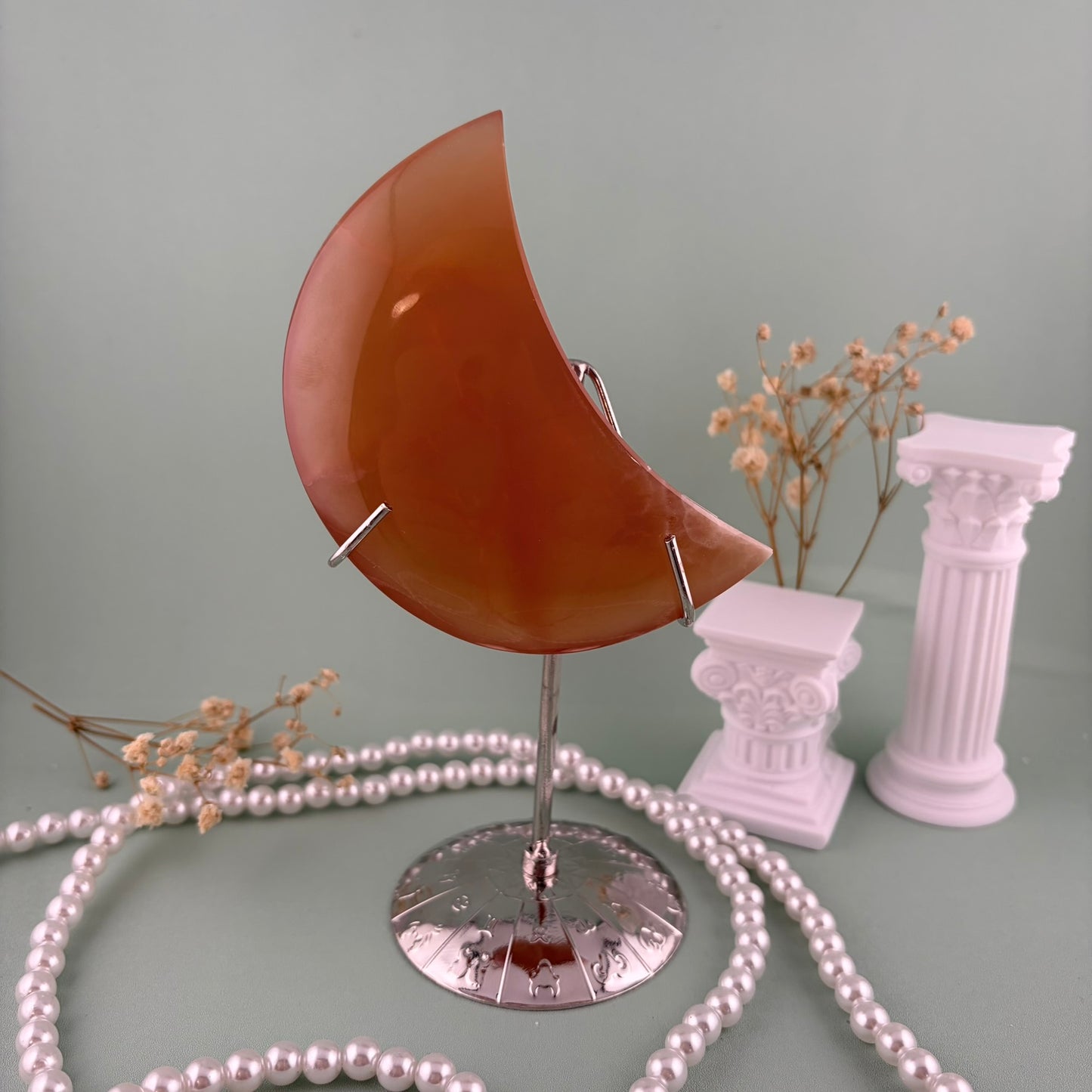 Honey Calcite Moon on Silver Stand