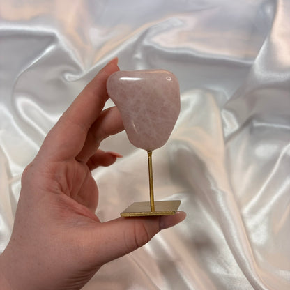 Rose Quartz Freeform on Gold Stand – Piece A from PureZen Minerals, view 1
